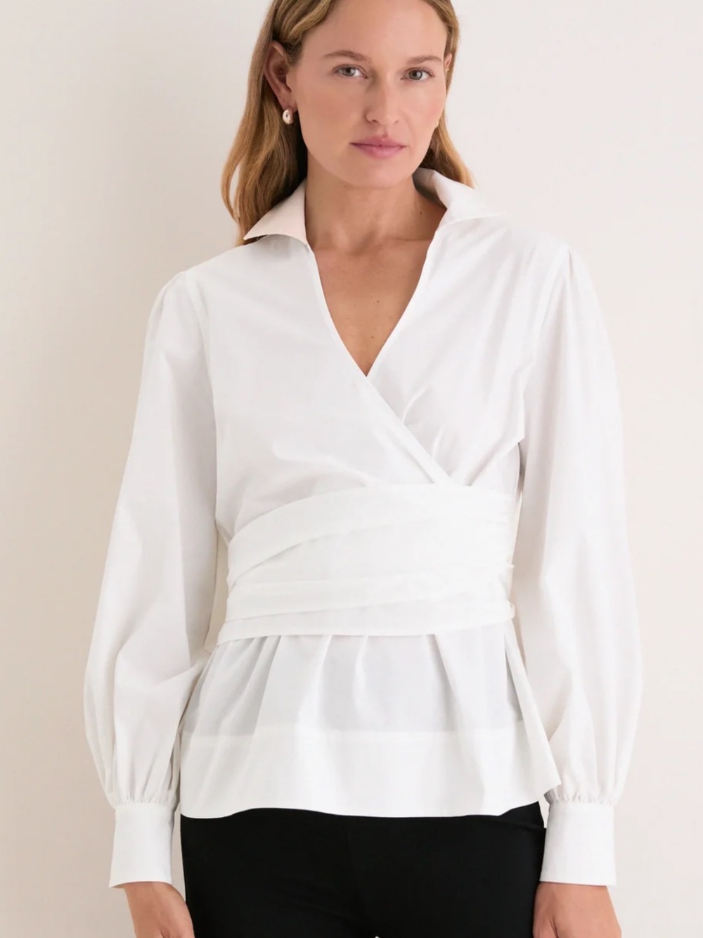 Tuckernuck White Tie Front Bow Bea Blouse White Wrap Balloon Sleeve Top Cotton